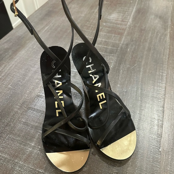 CHANEL Black and Gold Wedge Sandals with Ankle Straps - Picture 1 of 6